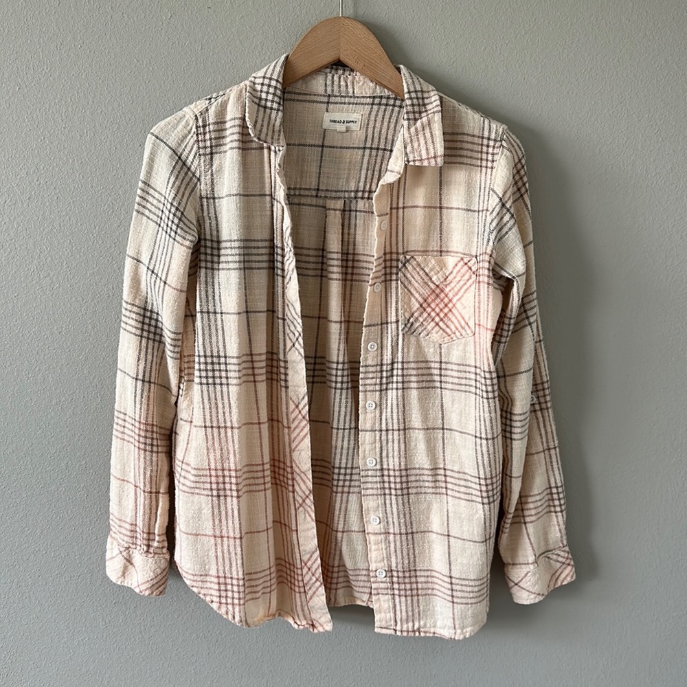 Thread & Supply Plaid Flannel Button Down Small Cream Gray Pink - Picture 2 of 11